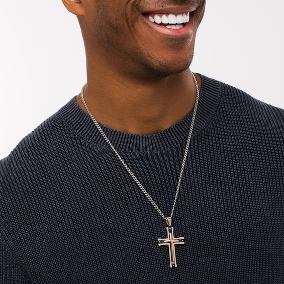 Men's Diamond Accent Multi-Finish Layered Gothic-Style Cross Pendant in Stainless Steel with Black and Rose IP - 24"