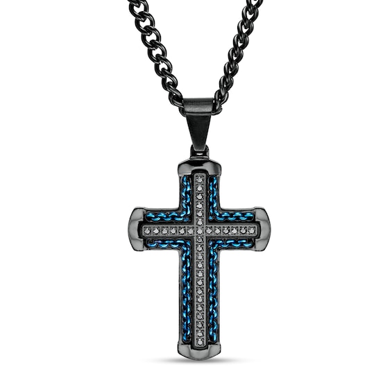Men's 1/4 CT. T.w. Black Enhanced Diamond Chain Link Cross Pendant in Stainless Steel with Black and Blue IP - 24"
