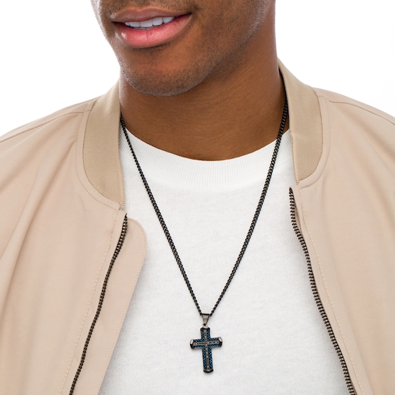 Men's 1/4 CT. T.w. Black Enhanced Diamond Chain Link Cross Pendant in Stainless Steel with Black and Blue IP - 24"