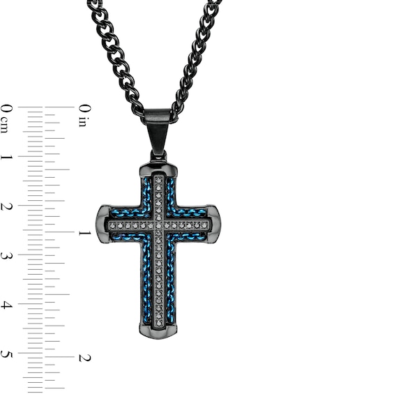 Men's 1/4 CT. T.w. Black Enhanced Diamond Chain Link Cross Pendant in Stainless Steel with Black and Blue IP - 24"