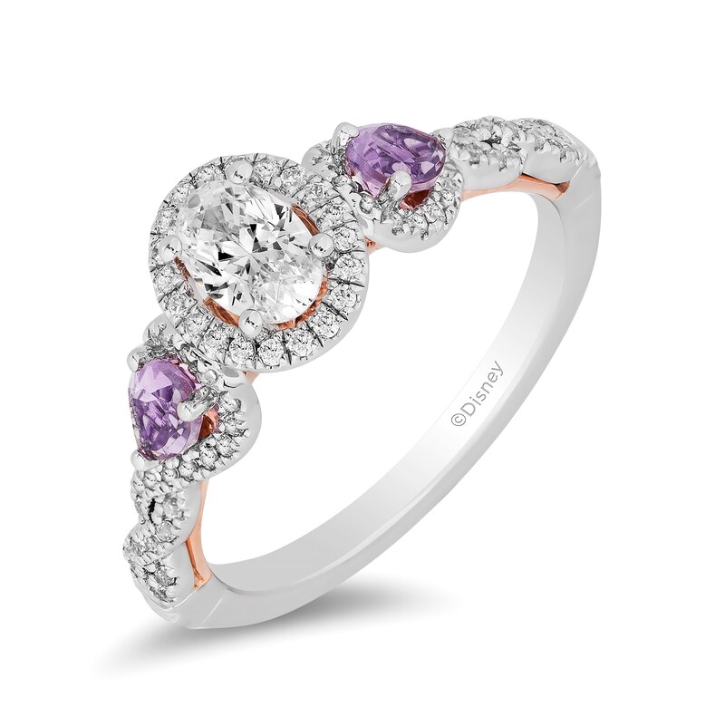 Main Image 1 of Enchanted Disney Rapunzel 3/4 CT. T.W. Oval Diamond and Rose de France Quartz Engagement Ring in 14K Two-Tone Gold