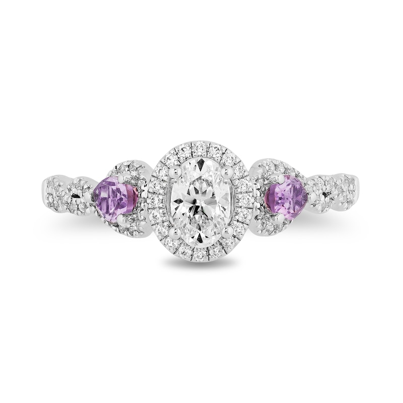 Main Image 4 of Enchanted Disney Rapunzel 3/4 CT. T.W. Oval Diamond and Rose de France Quartz Engagement Ring in 14K Two-Tone Gold