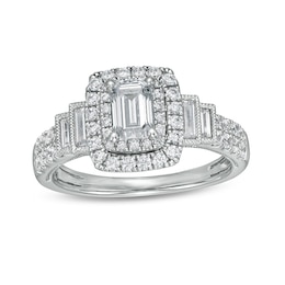 1-1/5 CT. T.W. Emerald-Cut Diamond Frame Vintage-Style Tiered Shank Engagement Ring in 14K White Gold (I/I1)