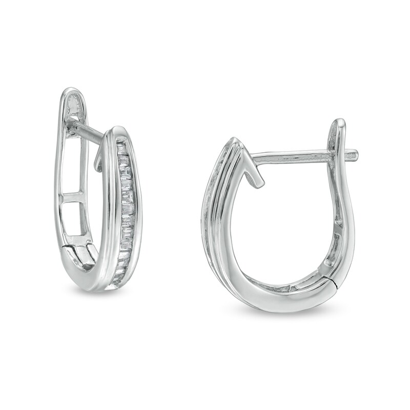 Main Image 1 of 1/8 CT. T.W. Baguette Diamond Hoop Earrings in 10K White Gold