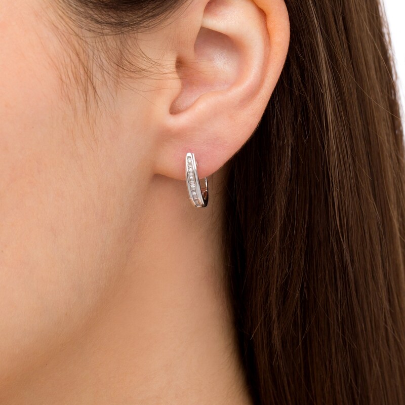 Main Image 2 of 1/8 CT. T.W. Baguette Diamond Hoop Earrings in 10K White Gold