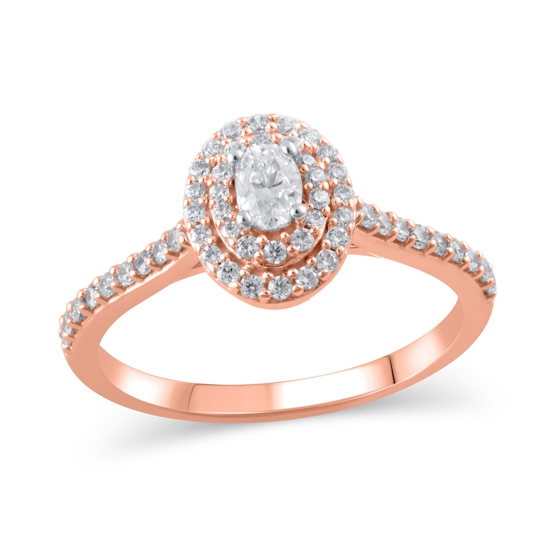 Main Image 1 of 1/2 CT. T.W. Oval Diamond Double Frame Engagement Ring in 10K Rose Gold