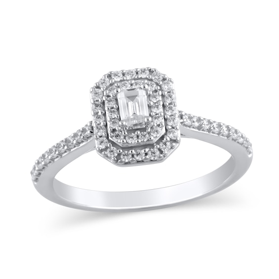 1/2 CT. T.w. Emerald-Cut Diamond Double Octagonal Frame Engagement Ring in 10K White Gold