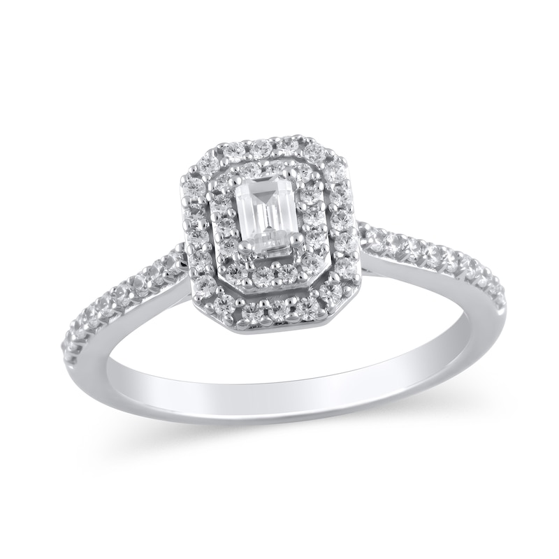 Main Image 1 of 1/2 CT. T.W. Emerald-Cut Diamond Double Octagonal Frame Engagement Ring in 10K White Gold