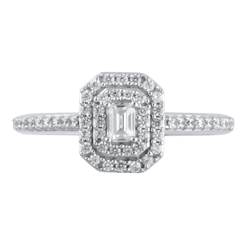 Main Image 3 of 1/2 CT. T.W. Emerald-Cut Diamond Double Octagonal Frame Engagement Ring in 10K White Gold