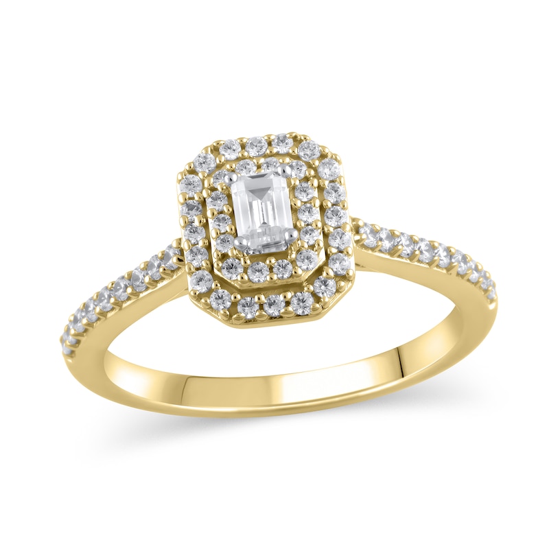 Main Image 1 of 1/2 CT. T.W. Emerald-Cut Diamond Double Octagonal Frame Engagement Ring in 10K Gold
