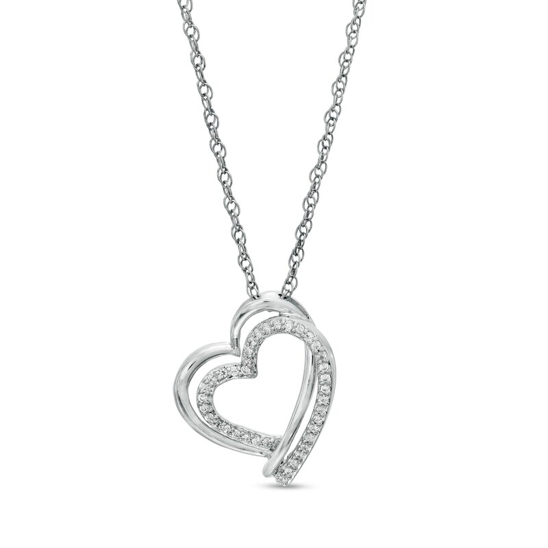 Main Image 1 of 1/8 CT. T.W.  Diamond Tilted Double Row Heart Pendant in Sterling Silver