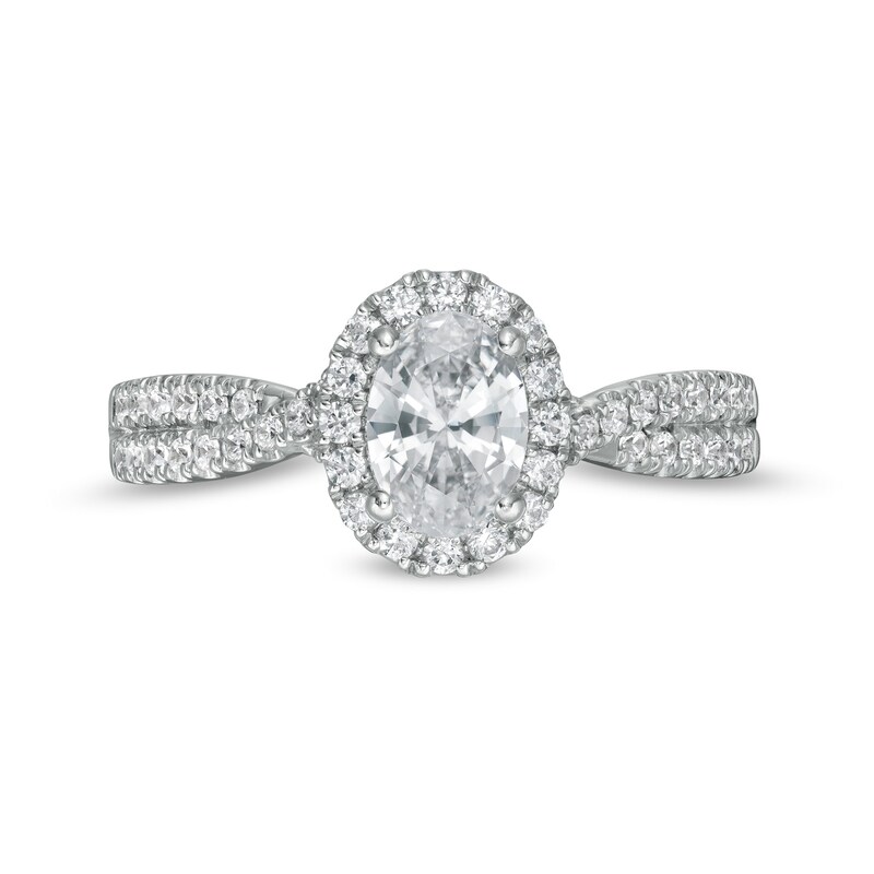 Main Image 4 of 1 CT. T.W. GIA-Graded Oval Diamond Frame Twist Shank Engagement Ring in 14K White Gold (I/SI2)