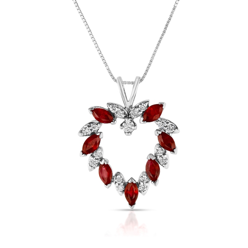 Marquise Ruby and 1/5 CT. T.W. Diamond Leaf Alternating Wreath Heart Pendant in 14K White Gold