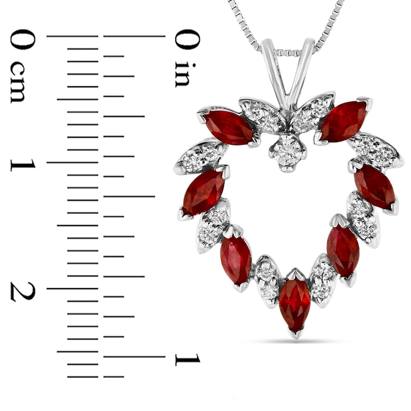 Marquise Ruby and 1/5 CT. T.W. Diamond Leaf Alternating Wreath Heart Pendant in 14K White Gold