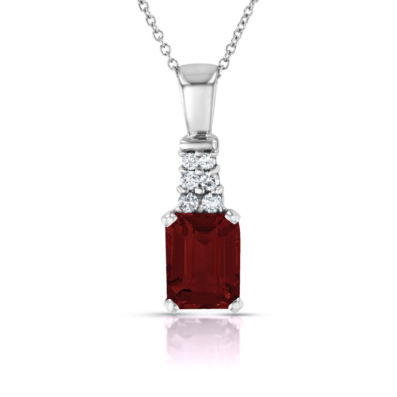 Emerald-Cut Garnet and 1/6 CT. T.W. Diamond Graduated Double Row Drop Pendant in 14K White Gold