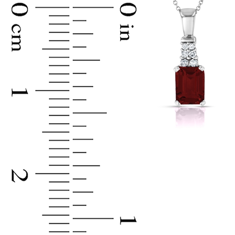 Emerald-Cut Garnet and 1/6 CT. T.W. Diamond Graduated Double Row Drop Pendant in 14K White Gold