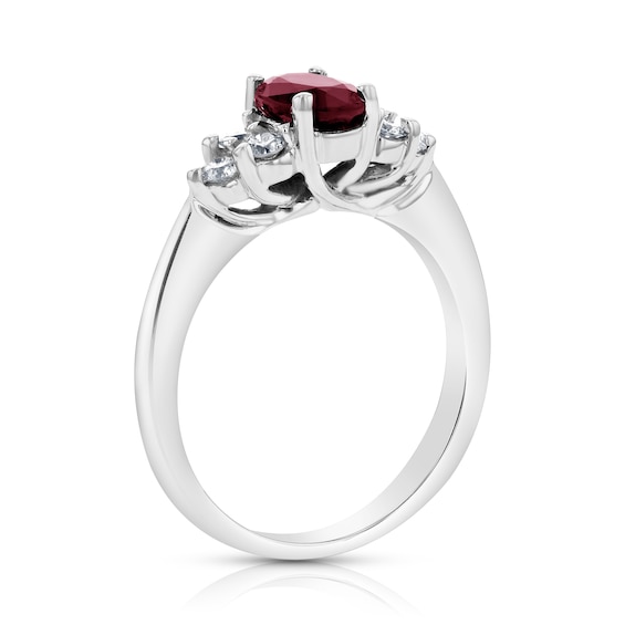 Oval Ruby and 1/3 CT. T.w. Diamond Tri-Sides Engagement Ring in 14K White Gold