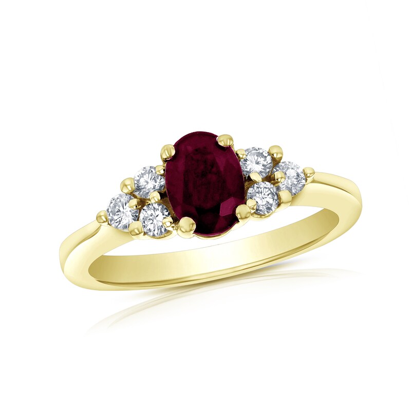 Oval Ruby and 1/3 CT. T.W. Diamond Tri-Sides Engagement Ring in 14K Gold