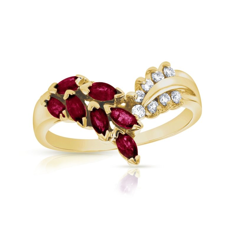 Marquise Ruby and 1/10 CT. T.W. Diamond Leaf Branch Chevron Ring in 14K Gold