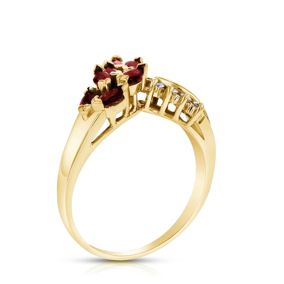 Marquise Ruby and 1/10 CT. T.w. Diamond Leaf Branch Chevron Ring in 14K Gold