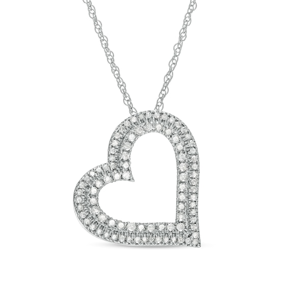 1/2 CT. T.w. Diamond Double Row Tilted Heart Pendant in 10K White Gold