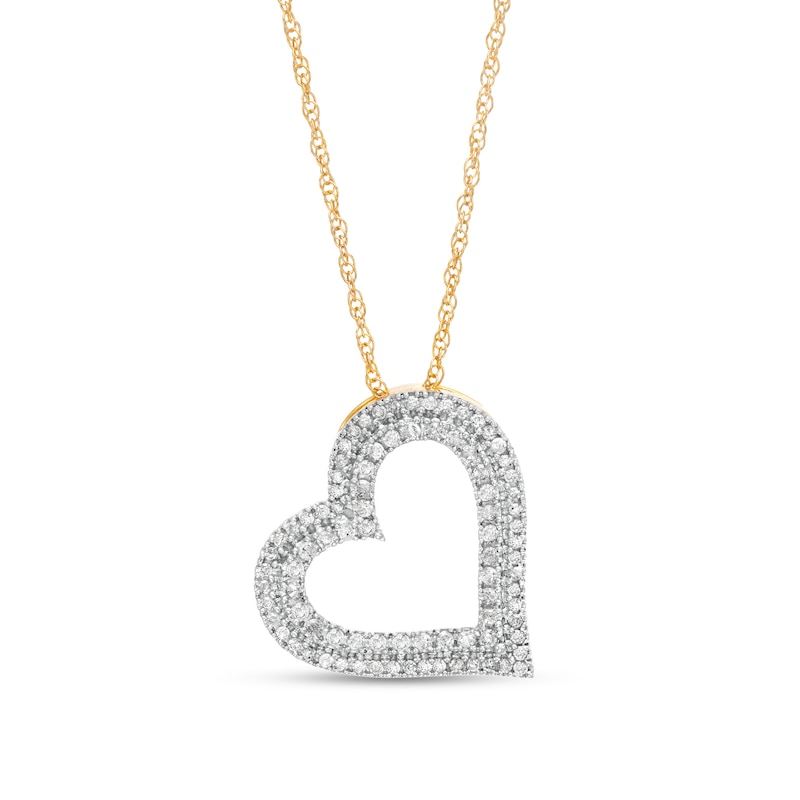 1/2 CT. T.W. Diamond Double Row Tilted Heart Pendant in 10K Gold