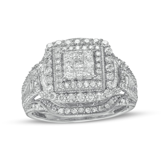 1 CT. T.w. Composite Princess-Cut Diamond Double Frame Vintage-Style Engagement Ring in 10K White Gold