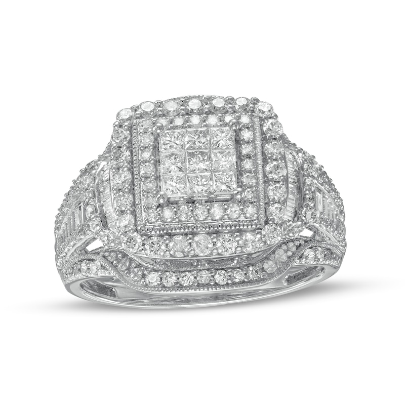 Main Image 1 of 1 CT. T.W. Composite Princess-Cut Diamond Double Frame Vintage-Style Engagement Ring in 10K White Gold
