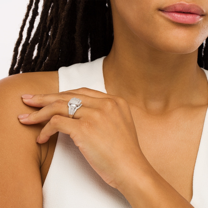 Main Image 2 of 1 CT. T.W. Composite Princess-Cut Diamond Double Frame Vintage-Style Engagement Ring in 10K White Gold