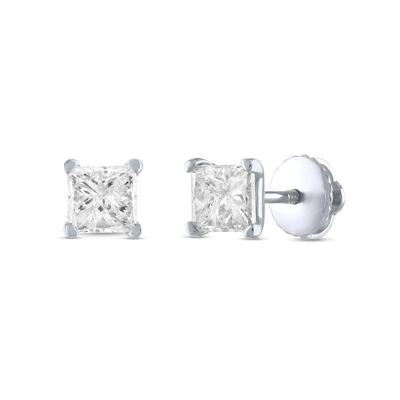 Main Image 1 of 1/4 CT. T.W. Certified Princess-Cut Diamond Solitaire Stud Earrings in 14K White Gold (I/I1)