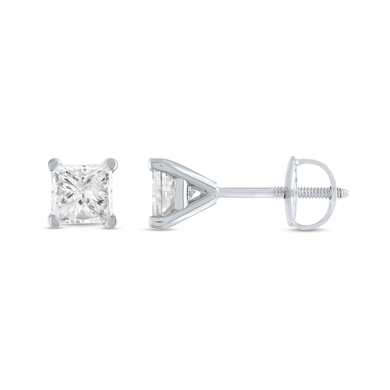 Main Image 2 of 1/4 CT. T.W. Certified Princess-Cut Diamond Solitaire Stud Earrings in 14K White Gold (I/I1)