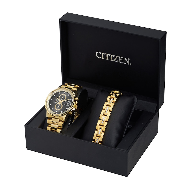 Men's Citizen Eco-Drive® Nighthawk Crystal Accent Gold-Tone Chronograph  Watch and Bracelet Box Set (Model: FB3002-61E) | Zales