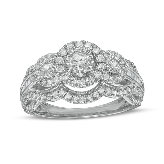 1 CT. T.w. Diamond Frame Past Present FutureÂ® Scallop Edge Vintage-Style Engagement Ring in 10K White Gold