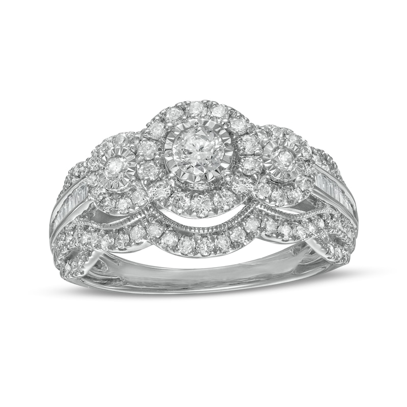 Main Image 1 of 1 CT. T.W. Diamond Frame Past Present Future® Scallop Edge Vintage-Style Engagement Ring in 10K White Gold