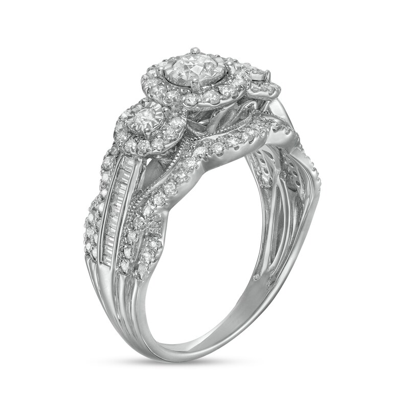 Main Image 3 of 1 CT. T.W. Diamond Frame Past Present Future® Scallop Edge Vintage-Style Engagement Ring in 10K White Gold