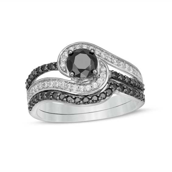 1 CT. T.w. Black Enhanced and White Diamond Bypass Multi-Row Bridal Set in 10K White Gold