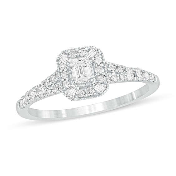 1/2 CT. T.w. Emerald-Cut Diamond Frame Vintage-Style Engagement Ring in 10K White Gold