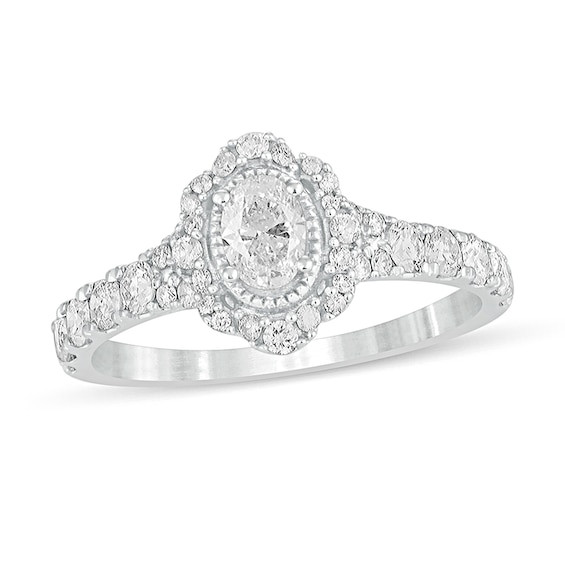 1 CT. T.w. Oval Diamond Scallop Frame Vintage-Style Engagement Ring in 14K White Gold