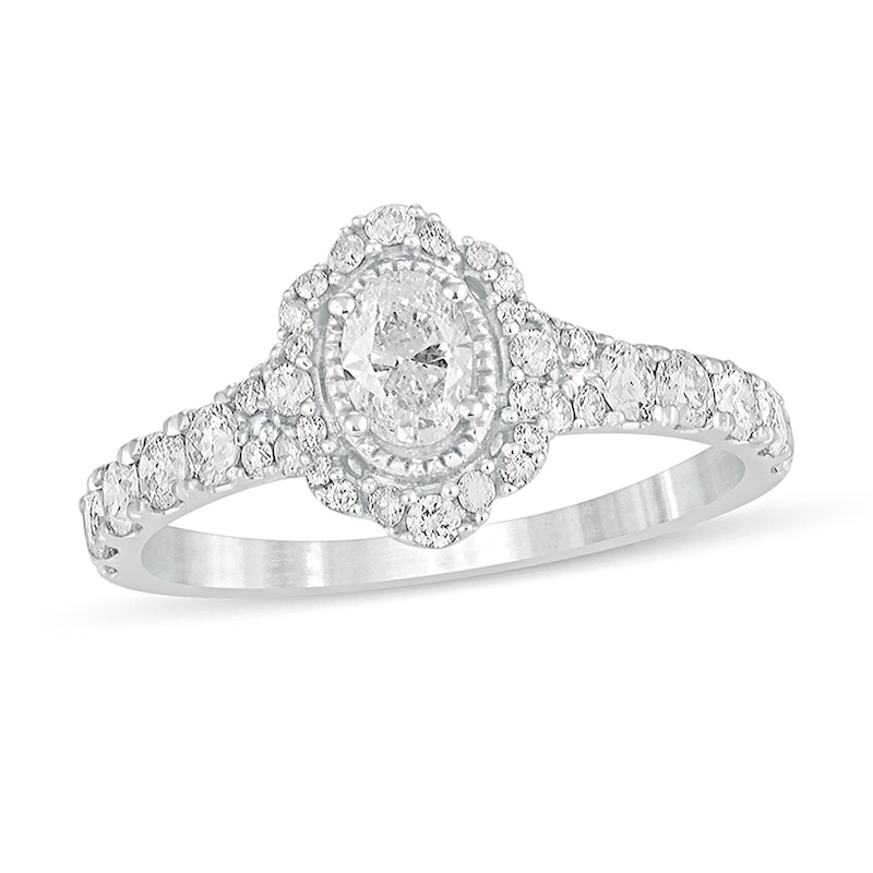 Main Image 1 of 1 CT. T.W. Oval Diamond Scallop Frame Vintage-Style Engagement Ring in 14K White Gold
