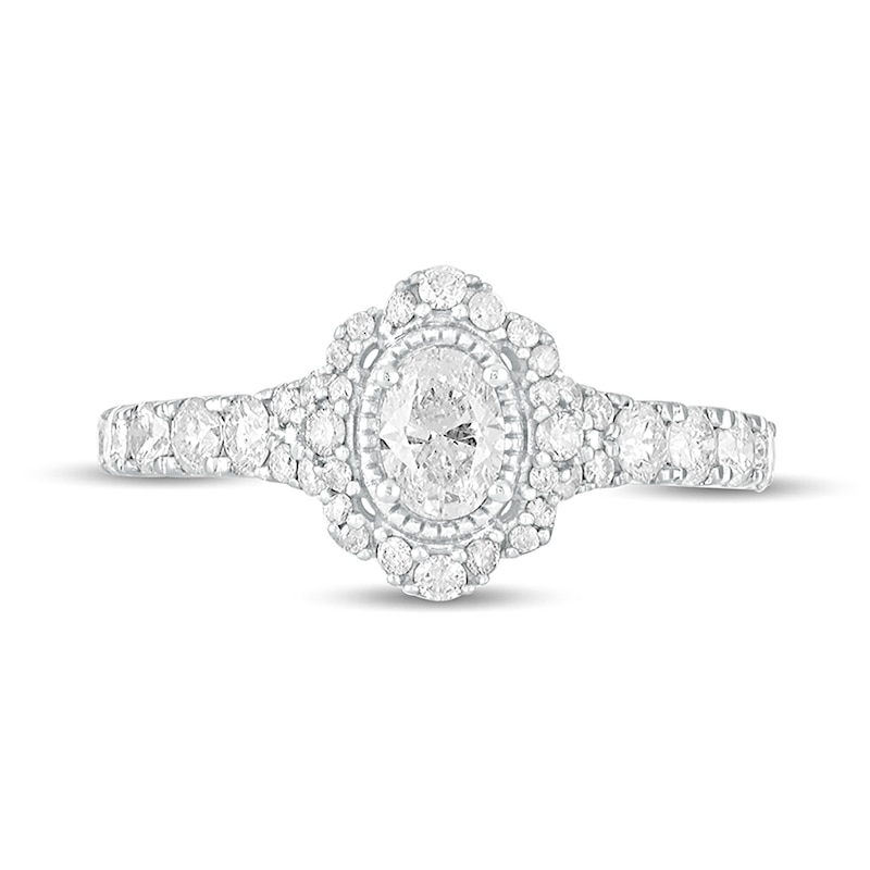 Main Image 4 of 1 CT. T.W. Oval Diamond Scallop Frame Vintage-Style Engagement Ring in 14K White Gold