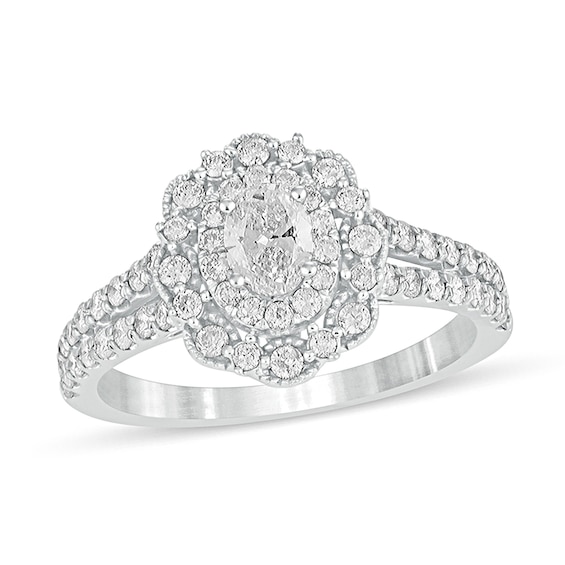 1 CT. T.w. Oval Diamond Double Scallop Frame Vintage-Style Engagement Ring in 14K White Gold