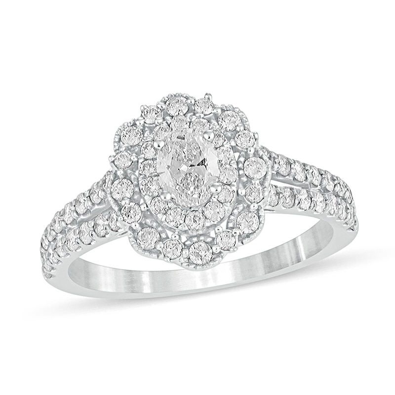 Main Image 1 of 1 CT. T.W. Oval Diamond Double Scallop Frame Vintage-Style Engagement Ring in 14K White Gold