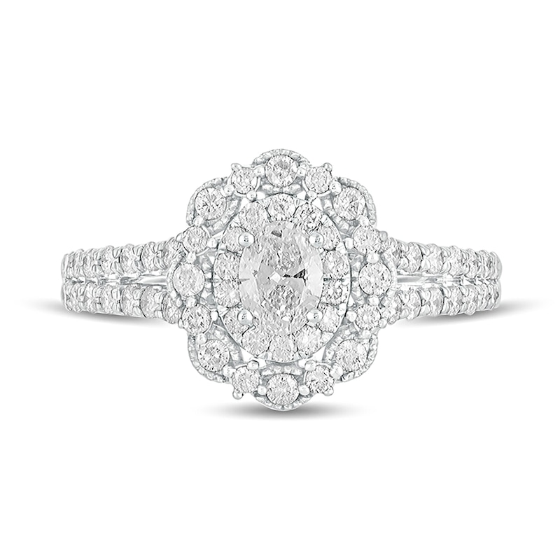 Main Image 4 of 1 CT. T.W. Oval Diamond Double Scallop Frame Vintage-Style Engagement Ring in 14K White Gold