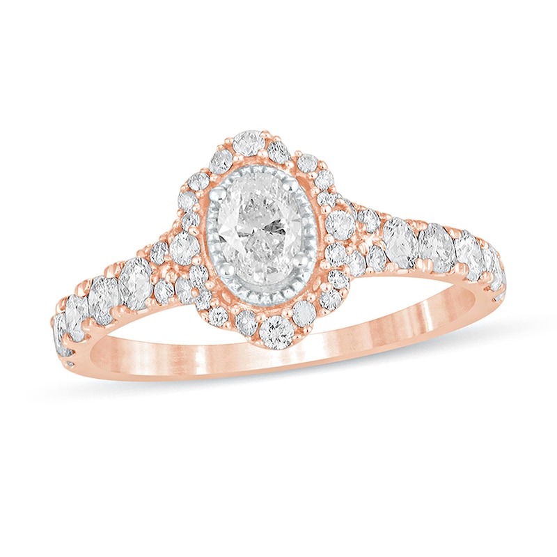 Main Image 1 of 1 CT. T.W. Oval Diamond Scallop Frame Vintage-Style Engagement Ring in 14K Rose Gold