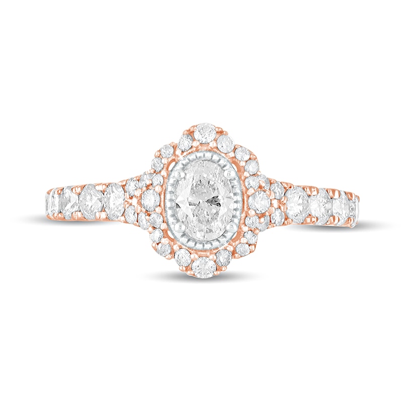 Main Image 4 of 1 CT. T.W. Oval Diamond Scallop Frame Vintage-Style Engagement Ring in 14K Rose Gold