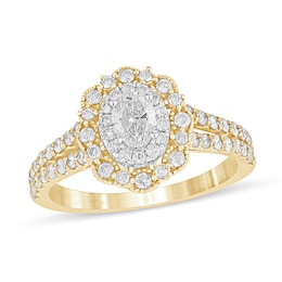 1 CT. T.W. Oval Diamond Double Scallop Frame Vintage-Style Engagement Ring in 14K Gold
