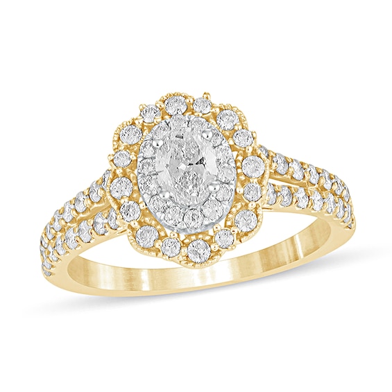 1 CT. T.w. Oval Diamond Double Scallop Frame Vintage-Style Engagement Ring in 14K Gold