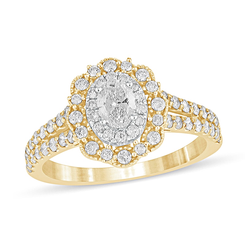 Main Image 1 of 1 CT. T.W. Oval Diamond Double Scallop Frame Vintage-Style Engagement Ring in 14K Gold