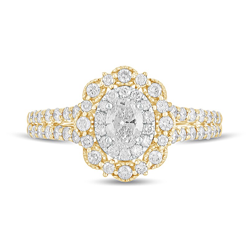 Main Image 4 of 1 CT. T.W. Oval Diamond Double Scallop Frame Vintage-Style Engagement Ring in 14K Gold