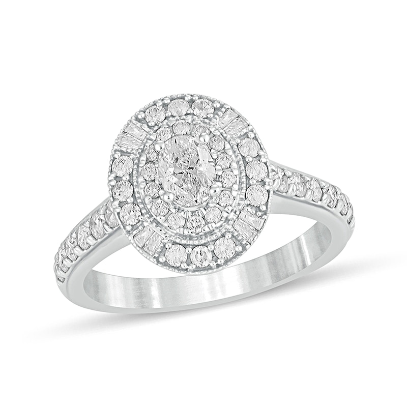 Main Image 1 of 1 CT. T.W. Oval Diamond Double Frame Vintage-Style Engagement Ring in 14K White Gold
